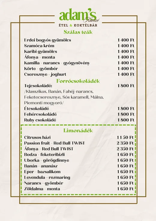 Teák, forró csokoládék és limonádék
