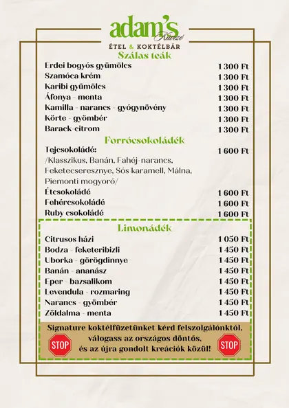 Teák, forró csokoládék és limonádék